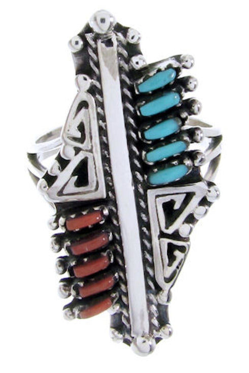 Turquoise And Coral Needlepoint Silver Ring Size 5-1/2 BW68083